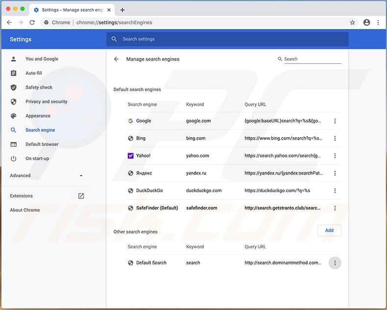 Safe Finder browser hijacker changing Google Chrome search engine