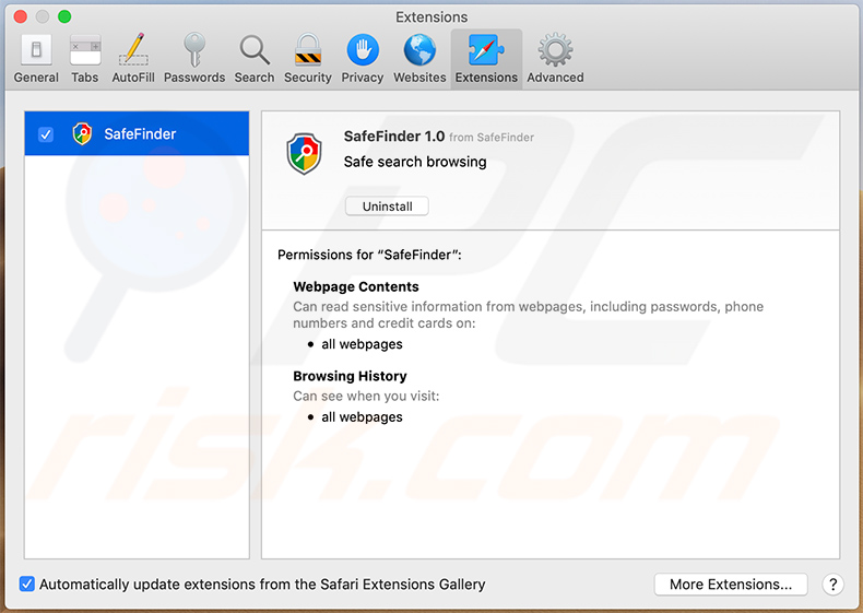 Safer Finder browser hijacker Safari extension (2020-08-14)