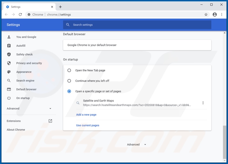 Removing hsatelliteandearthmaps.com from Google Chrome homepage