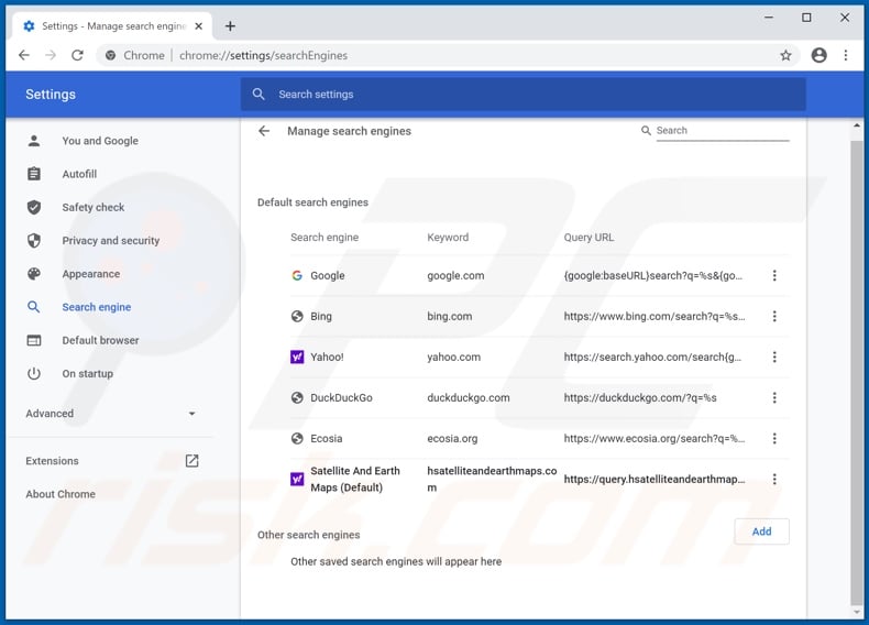 Removing hsatelliteandearthmaps.com from Google Chrome default search engine