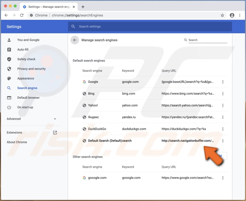 search.navigationbuffer.com in settings of a hijacked browser