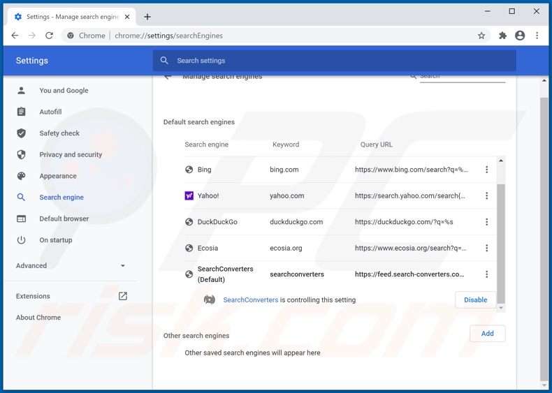Removing search-converters.com from Google Chrome default search engine