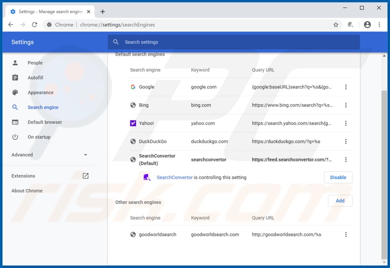 Removing searchconvertor.com from Google Chrome default search engine