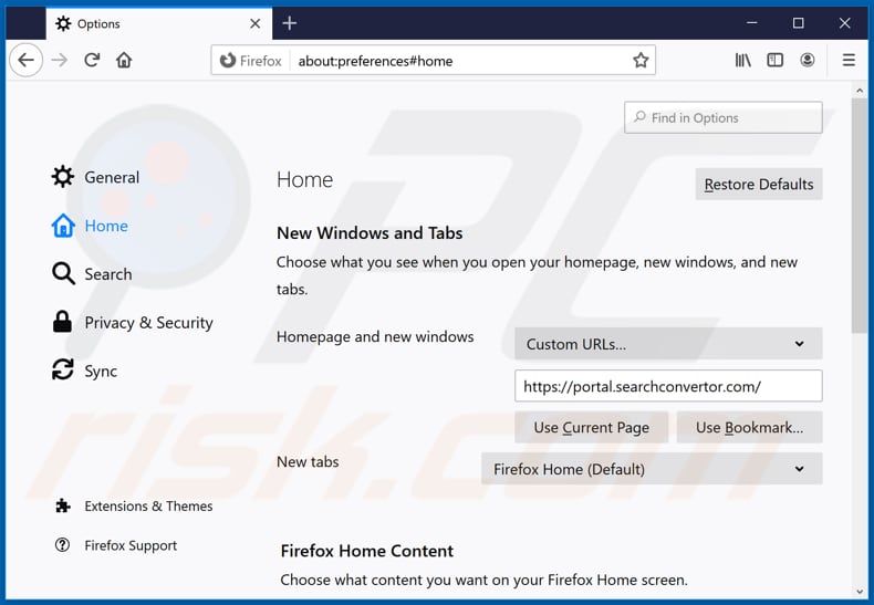 Removing searchconvertor.com from Mozilla Firefox homepage