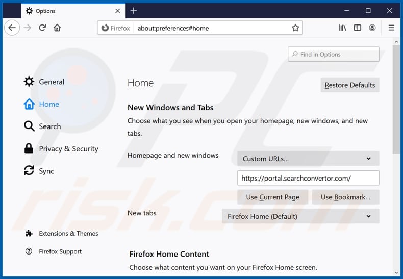 Removing searchconvertor.com from Mozilla Firefox homepage