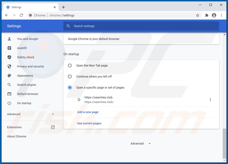 Removing searches.club from Google Chrome homepage