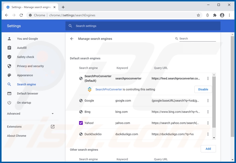 Removing searchproconverter.com from Google Chrome default search engine