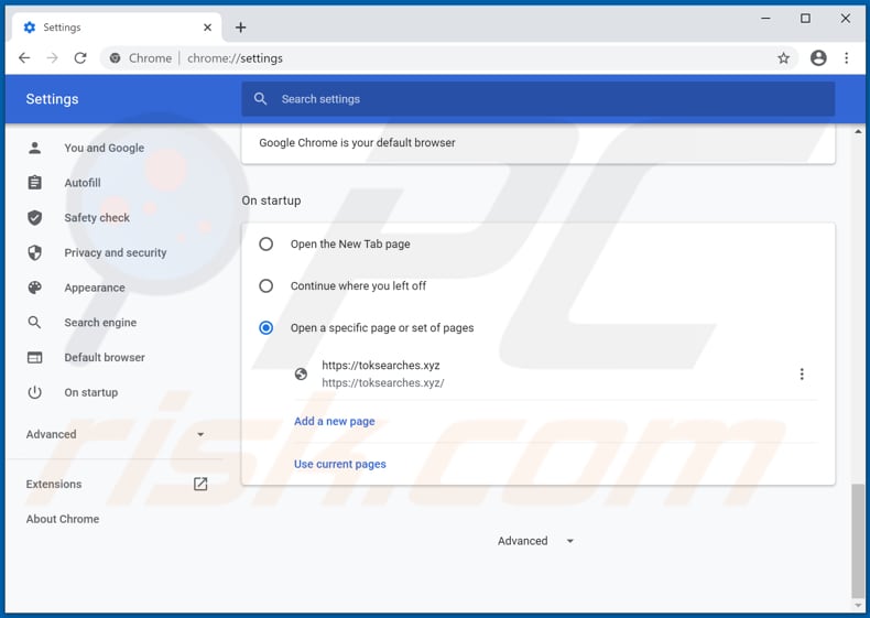 Removing toksearches.xyz from Google Chrome homepage