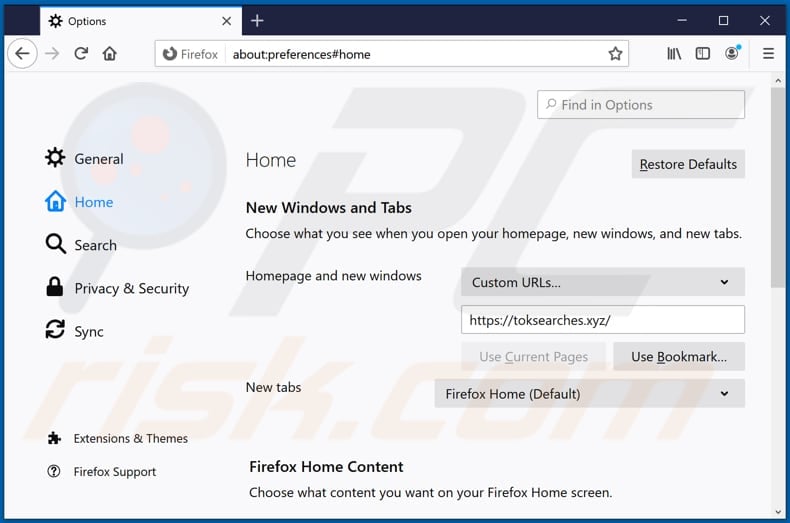 Removing toksearches.xyz from Mozilla Firefox homepage
