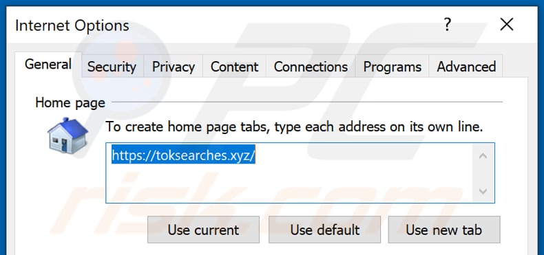 Removing toksearches.xyz from Internet Explorer homepage