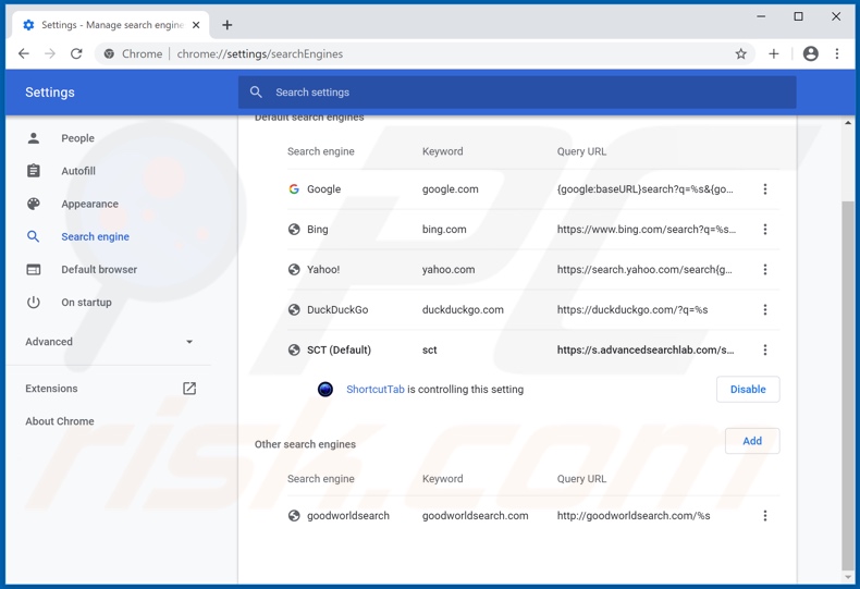 Removing advancedsearchlab.com from Google Chrome default search engine