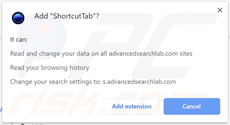 ShortcutTab browser hijacker asking for permissions