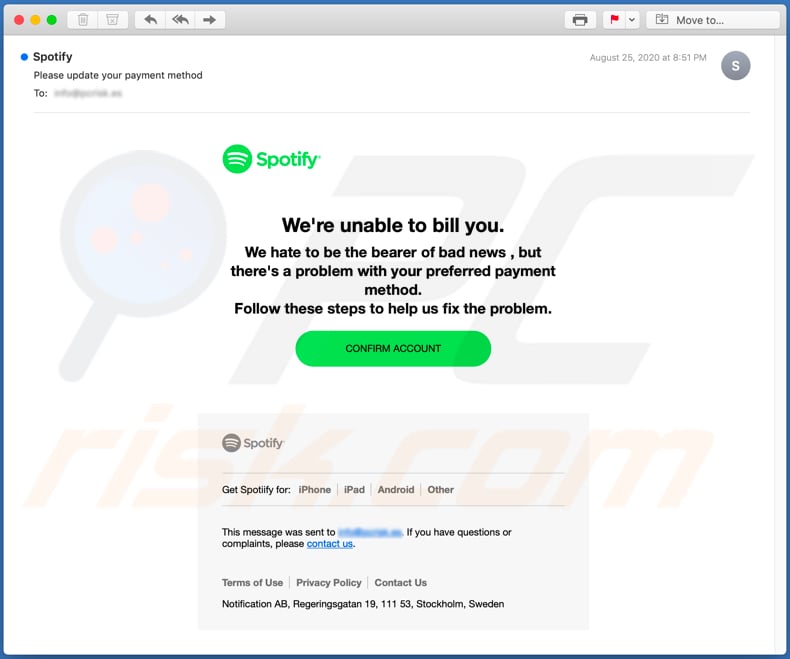 Spotify Email Scam email spam campaign