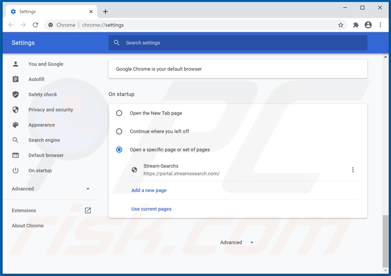 Removing streamssearch.com from Google Chrome homepage