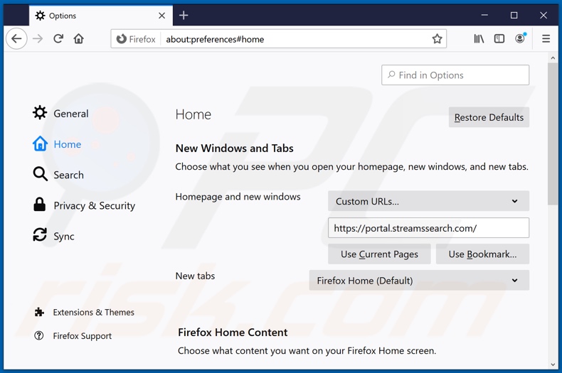 Removing streamssearch.com from Mozilla Firefox homepage