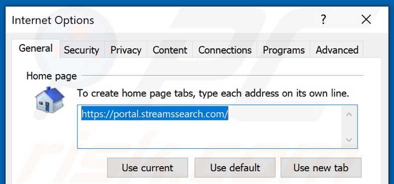 Removing streamssearch.com from Internet Explorer homepage