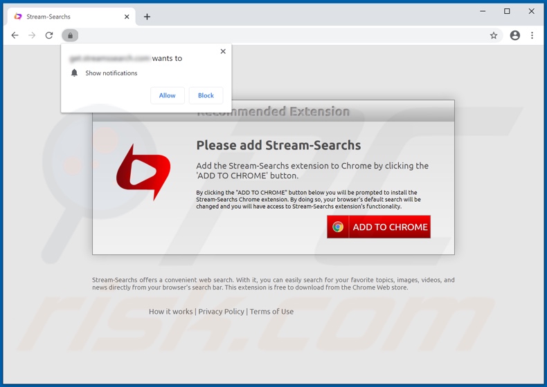 Website used to promote Stream-Searchs browser hijacker (Chrome)
