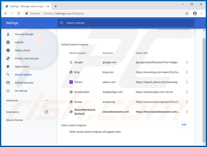 Removing streambeesearch.com from Google Chrome default search engine