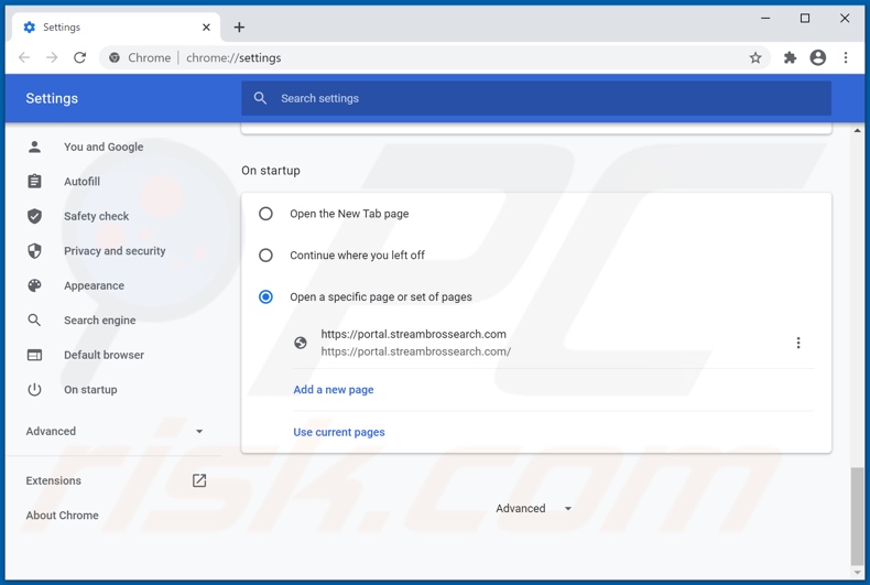 Removing streambrossearch.com from Google Chrome homepage