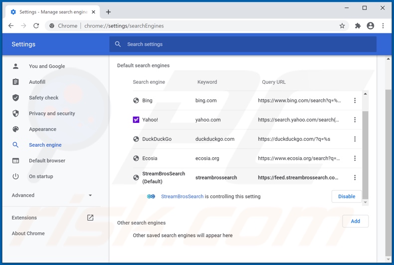 Removing streambrossearch.com from Google Chrome default search engine
