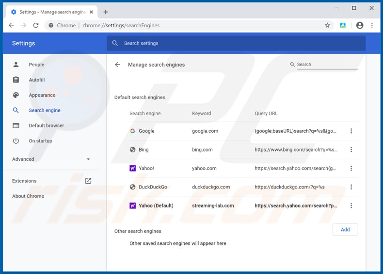 Removing streaming-lab.com from Google Chrome default search engine