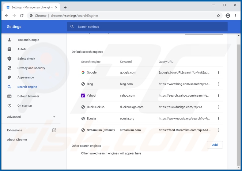 Removing streamlim.com from Google Chrome default search engine