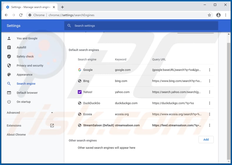 Removing streamsaloon.com from Google Chrome default search engine