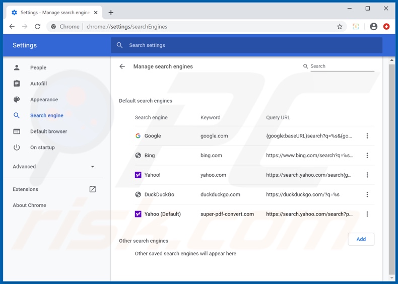 Removing super-pdf-convert.com from Google Chrome default search engine
