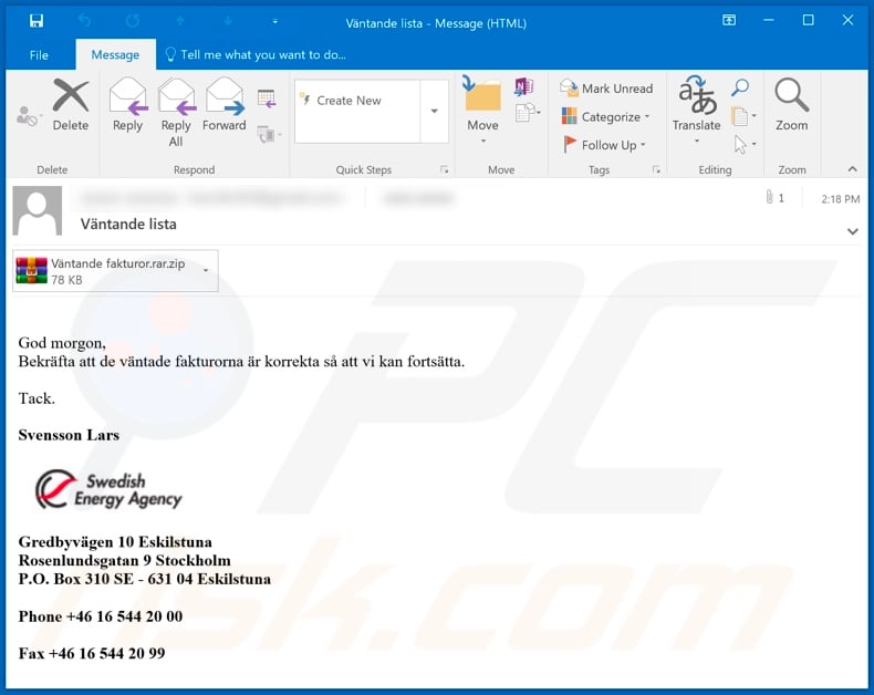 Swedish Energy Agency malware-spreading email spam campaign