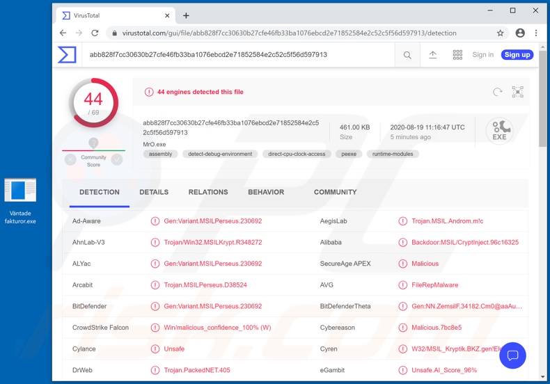 Swedish Energy Agency email malicious attachment detections on VirusTotal
