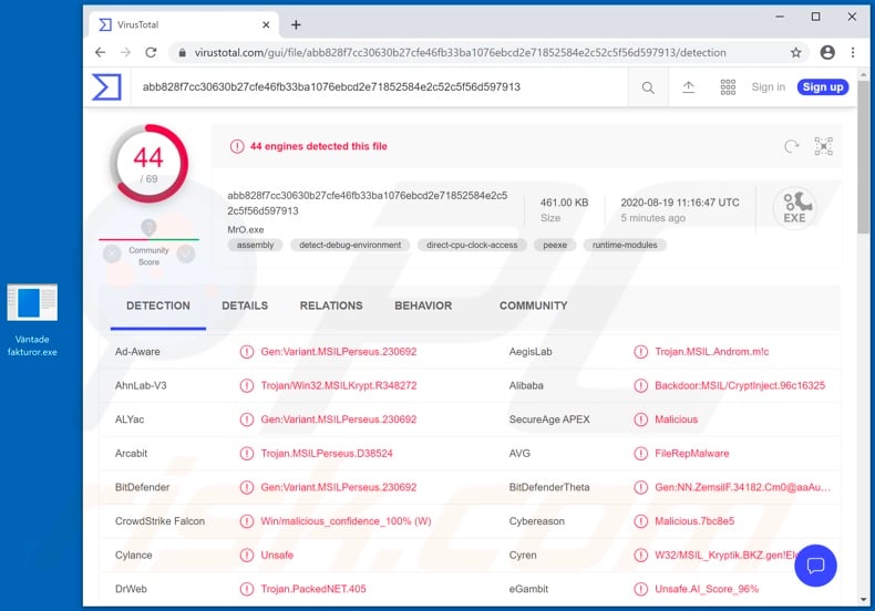 Swedish Energy Agency email malicious attachment detections on VirusTotal