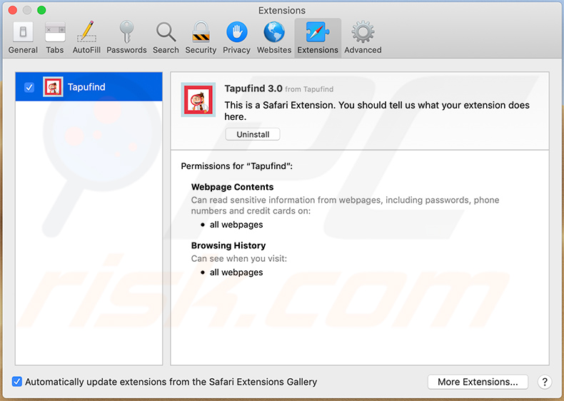 TapuFind browser hijacker in Safari web browser