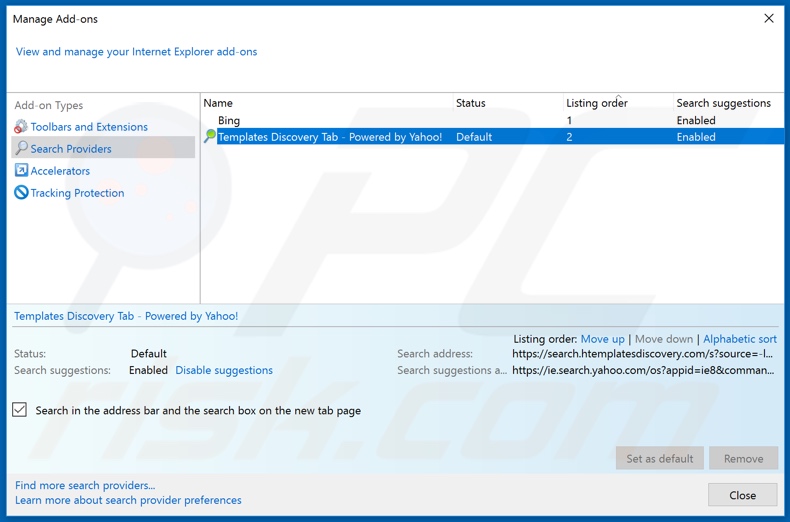 Removing htemplatesdiscovery.com from Internet Explorer default search engine