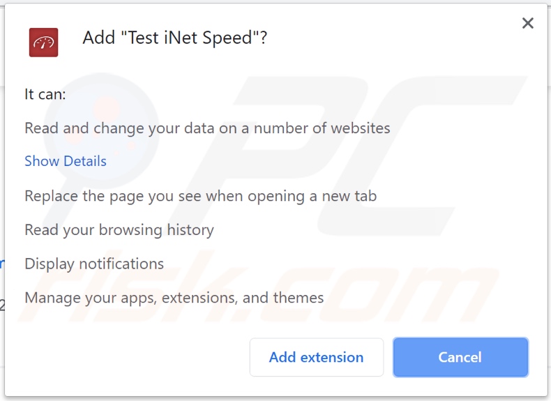 Test iNet Speed browser hijacker asking for permissions (Chrome)