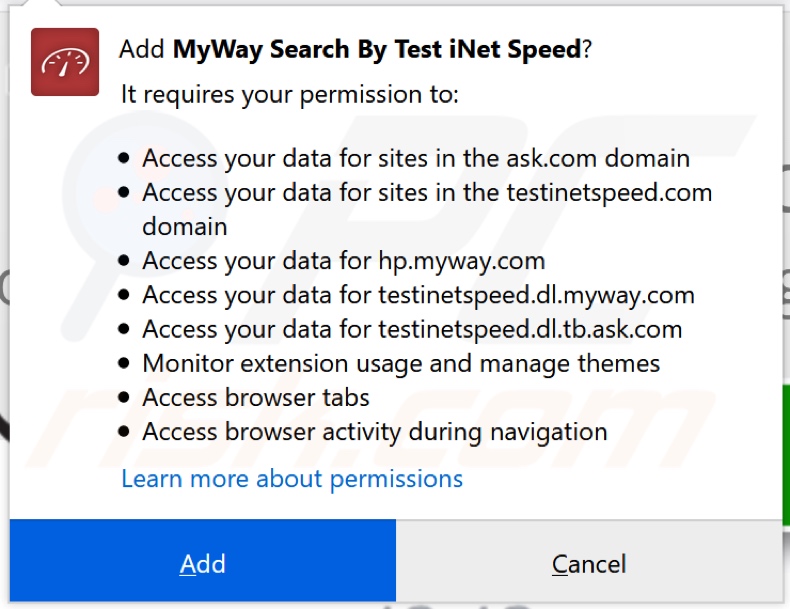 Test iNet Speed browser hijacker asking for permissions (Firefox)