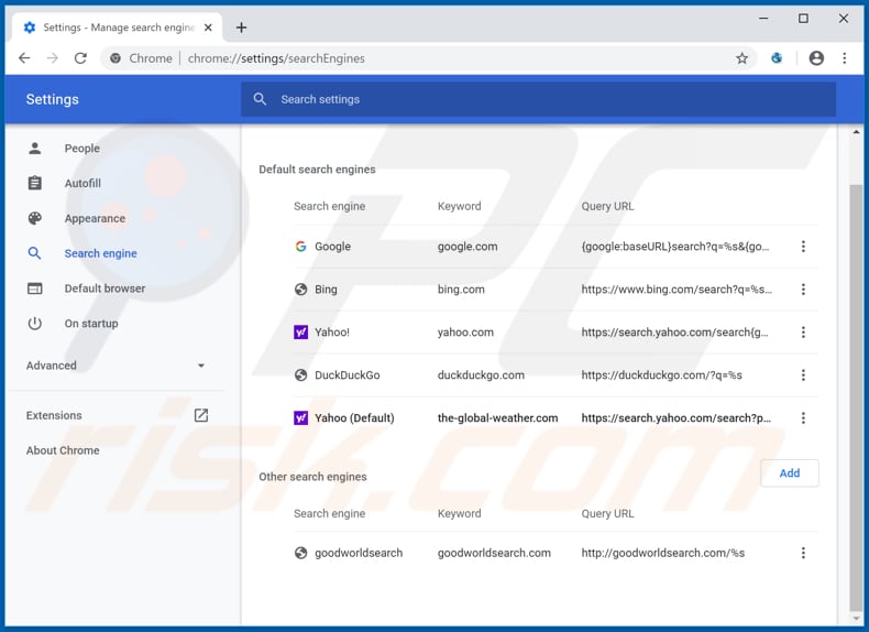 Removing the-global-weather.com from Google Chrome default search engine