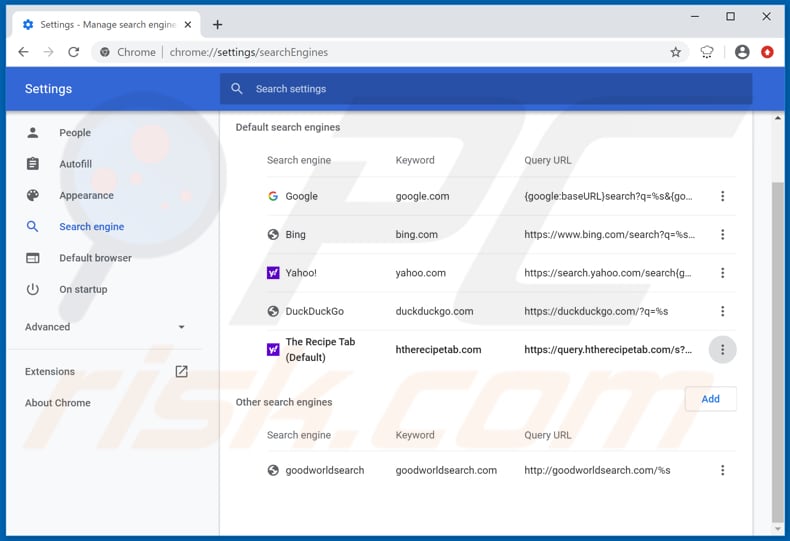 Removing htherecipetab.com from Google Chrome default search engine