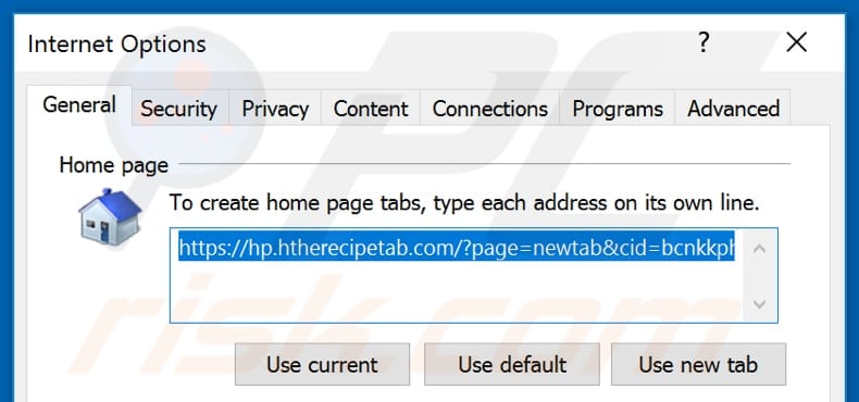 Removing htherecipetab.com from Internet Explorer homepage