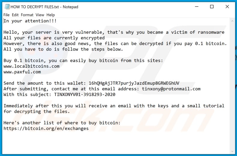 TiNx ransomware text file (HOW TO DECRYPT FILES.txt)