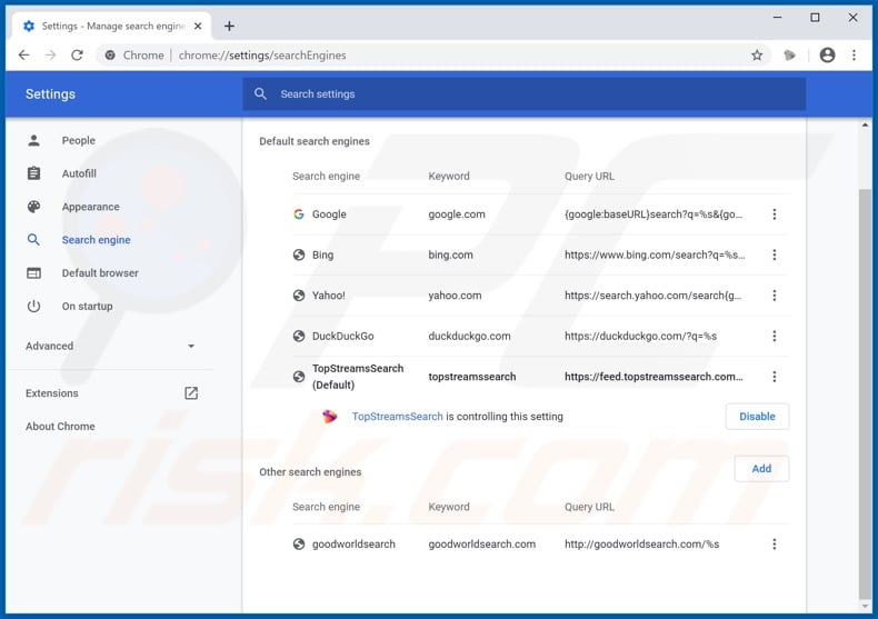 Removing topstreamssearch.com from Google Chrome default search engine