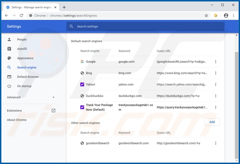 Removing trackyourpackagetab1.com from Google Chrome default search engine