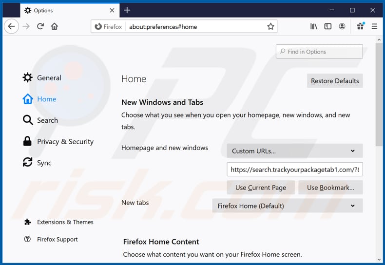 Removing trackyourpackagetab1.com from Mozilla Firefox homepage