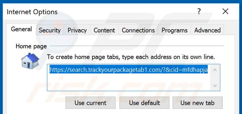 Removing trackyourpackagetab1.com from Internet Explorer homepage