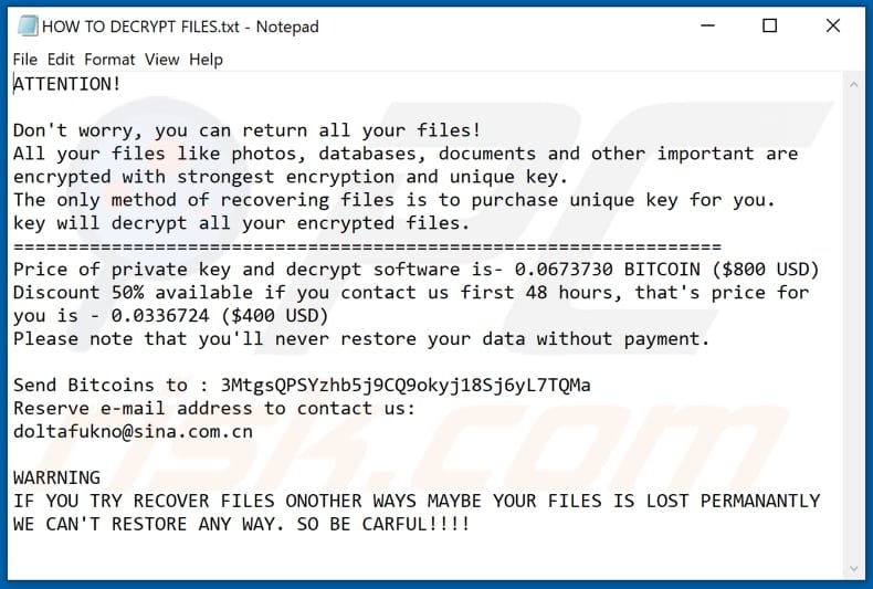 Wannacry (Xorist) ransomware text file (HOW TO DECRYPT FILES.txt)