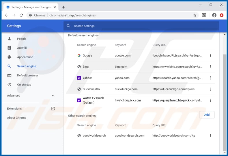 Removing hwatchtvquick.com from Google Chrome default search engine