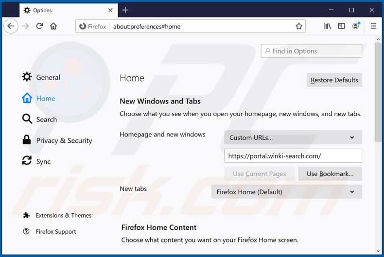 Removing winki-search.com from Mozilla Firefox homepage