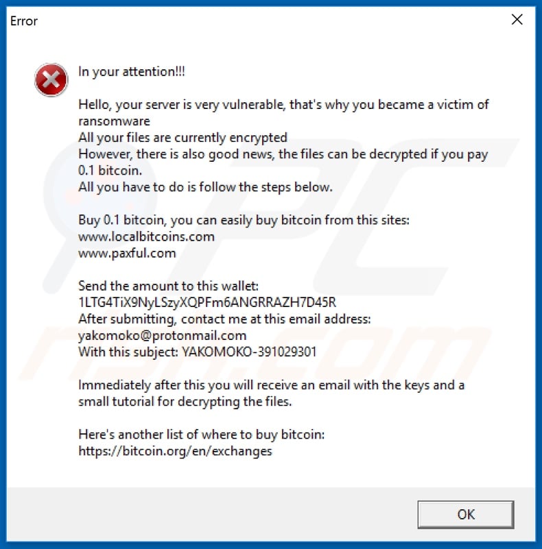 Pop-up displayed after encryption by YaKo ransomware