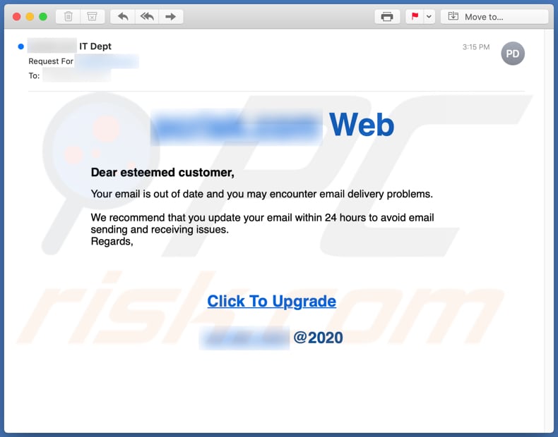 Your Email Is Out Of Date Email Scam email spam campaign