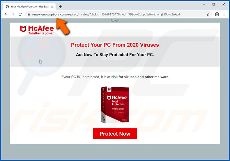 Your McAfee Subscription Has Expired pop-up scam delivered by renew-subscriptions.com website