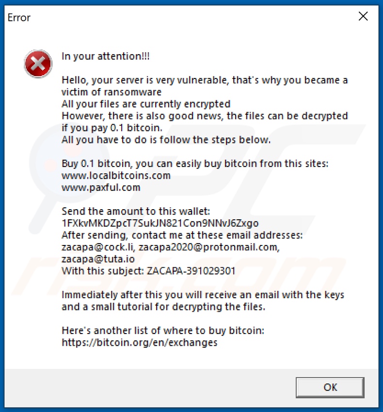 Pop-up displayed after encryption by ZaCaPa ransomware